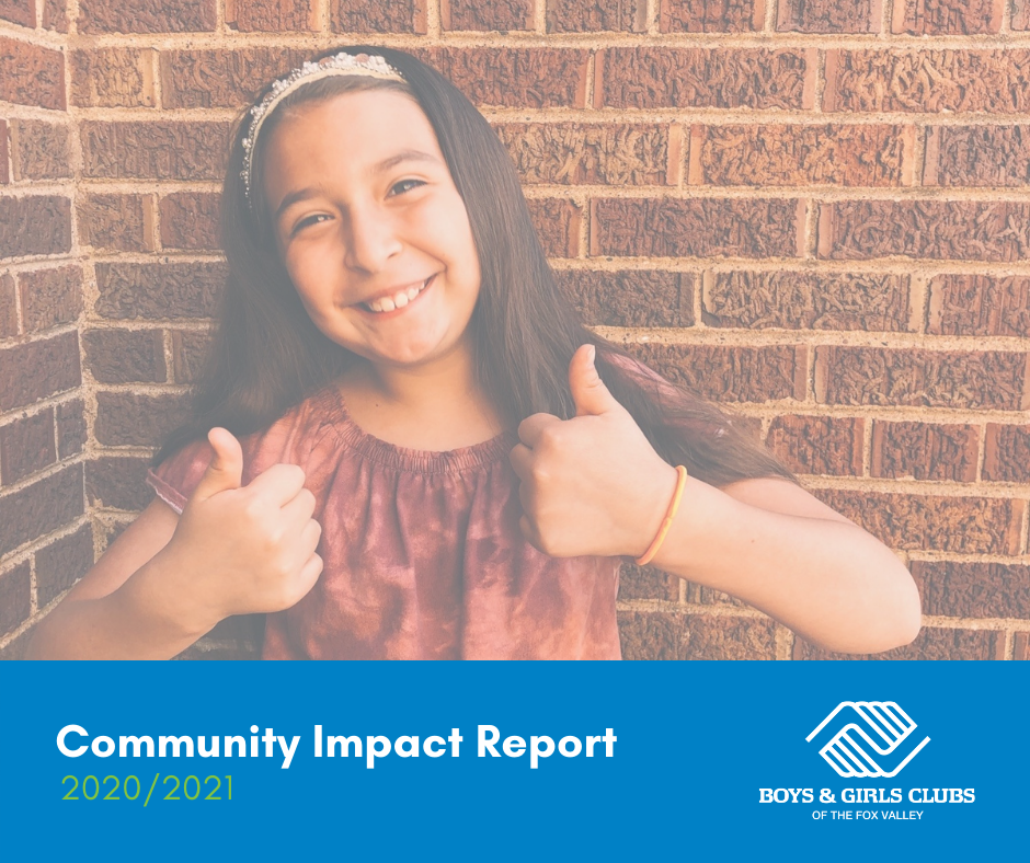 Young girl smiling with two thumbs up - Community Impact Report text underneath