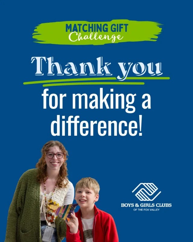 🎉💙 What an incredible three days! 💙🎉

Over the past three days, 115 donors came together to raise $191,501 for Club kids! 🙌✨ Thanks to our generous matching-gift donors, every gift went even further, creating more opportunities for young people across the Fox Valley. 🌟

📱🎊 And you brought the energy, both on social media and through giving! Thanks to your shares, reactions, and participation in our Day 2 giving challenge, we unlocked an additional $6,000 for Club kids! 🎯🎉💙

Thank you for being part of something special. ❤️ Whether you made a gift, spread the word 📣, participated in a challenge 🎉, or followed along 👏, you helped show what's possible when a community comes together to support young people. ✨

#MatchingGiftChallenge #GreatFutures 💙☀️