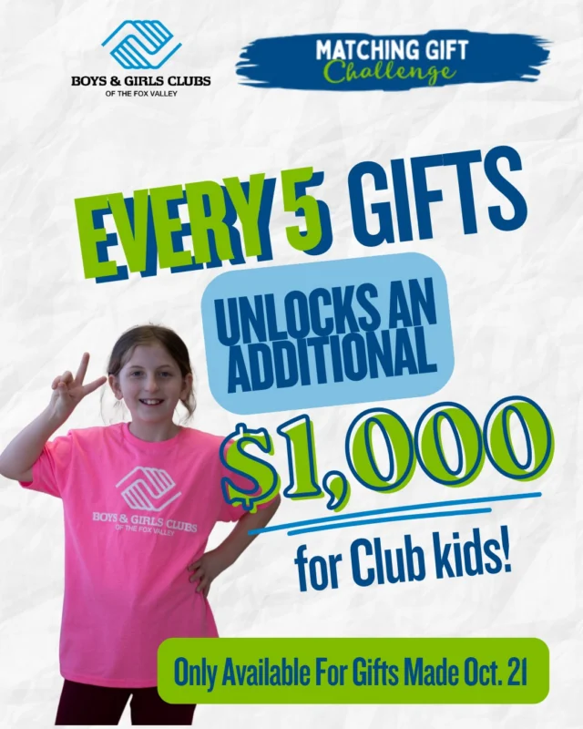 🌟 THE MATCH JUST GOT A WHOLE LOT BIGGER! 🌟

📣TODAY ONLY (October 21st), EVERY 5 GIFTS OF ANY AMOUNT made to the Matching Gift Challenge will UNLOCK AN ADDITIONAL $1,000. 

That’s ON TOP OF: ✅ A $250 match for gifts up to $999
✅ A dollar-for-dollar match for gifts of $1,000 or more

This extra match today means your gift can go further than before to help provide safe places, caring mentors, and life-changing opportunities for local youth. ❤️

See the link in our bio to give a gift to our Matching Gift Challenge today! 
#MatchingGiftChallenge #GreatFutures #InvestInYouth 🙌
