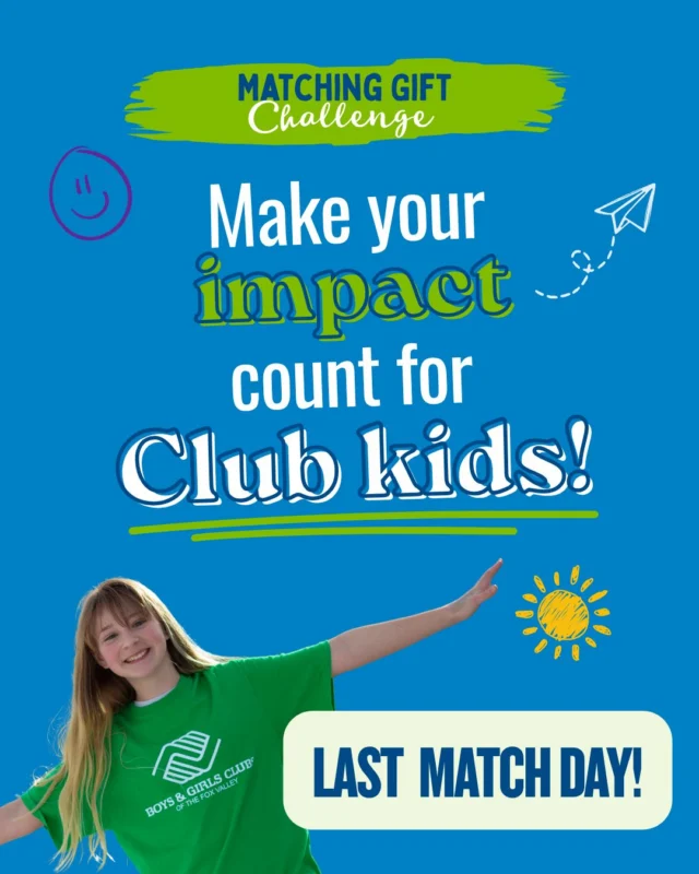 🚨 It’s the FINAL DAY of our Matching Gift Challenge! 🚨

Let’s finish strong and make an even bigger impact for Club kids! 💙💛 There’s still time to be part of the momentum and help create more opportunities for young people across the Fox Valley.

Here’s how your gift can go even further:
💙 Give $1–$999, unlock an additional $250! Every gift in this range helps create even more opportunities for Club kids.

💛 Give $1,000 or more, and your gift will be matched dollar for dollar! That means twice the impact for Club kids.

Every gift makes a difference, and together, we can finish this challenge strong!

👉 Make your gift today by clicking the link in our bio.